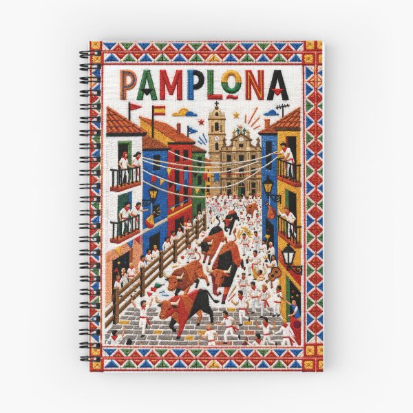Item preview, Pamplona Spain Embroidered Travel Art - Running of the Bulls & San Fermin Stitched Poster designed and sold by Witsprings.