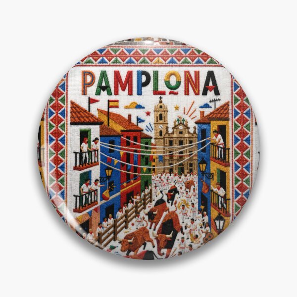 Item preview, Pamplona Spain Embroidered Travel Art - Running of the Bulls & San Fermin Stitched Poster designed and sold by Witsprings.