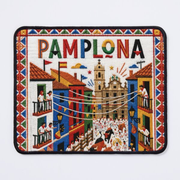 Item preview, Pamplona Spain Embroidered Travel Art - Running of the Bulls & San Fermin Stitched Poster designed and sold by Witsprings.