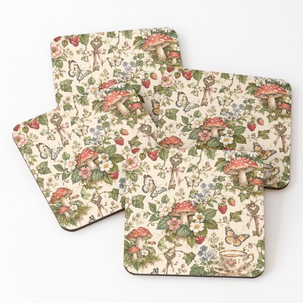 Item preview, Cottagecore Mushroom Strawberry Teacup Pattern designed and sold by Gold&pixels.