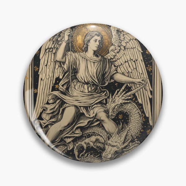 Item preview, Archangel Michael And Eastern Dragon Woodcut Engraving Art designed and sold by VintageManiac.