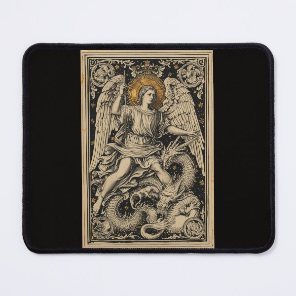 Item preview, Archangel Michael And Eastern Dragon Woodcut Engraving Art designed and sold by VintageManiac.