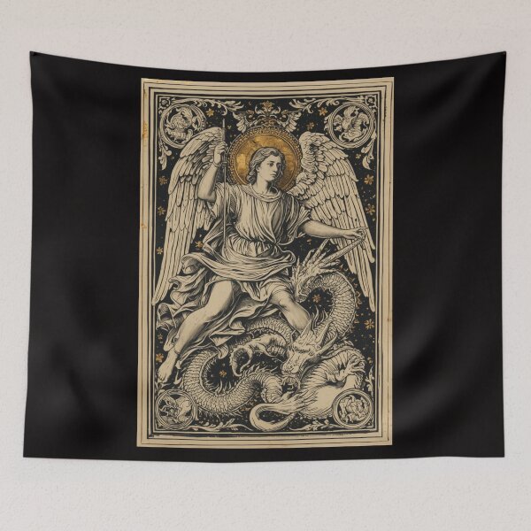 Item preview, Archangel Michael And Eastern Dragon Woodcut Engraving Art designed and sold by VintageManiac.
