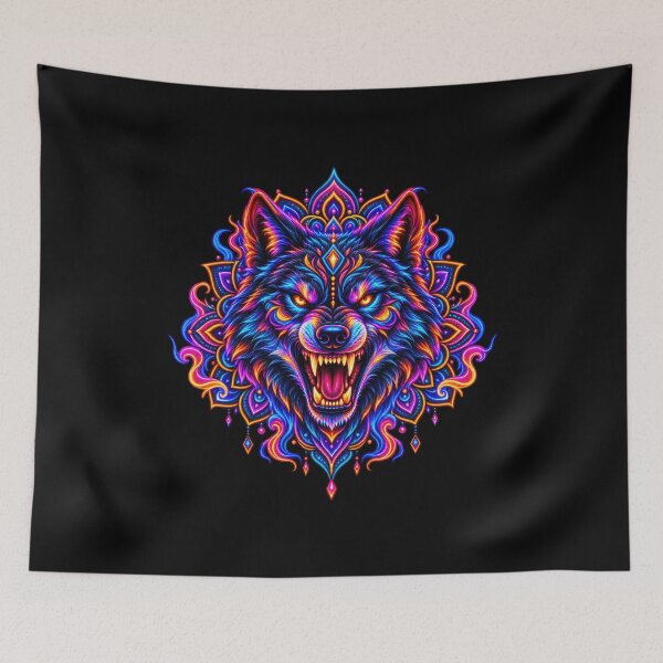 Item preview, Neon Tribal Wolf – Fierce Mandala Wolf Head Art designed and sold by PlumArtDesign.