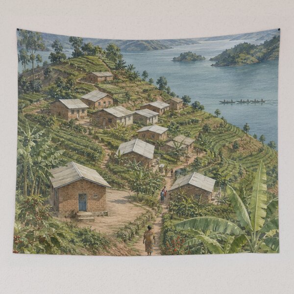 Item preview, Lake Kivu Hillside Village Digital Watercolour designed and sold by FurusatoGallery.
