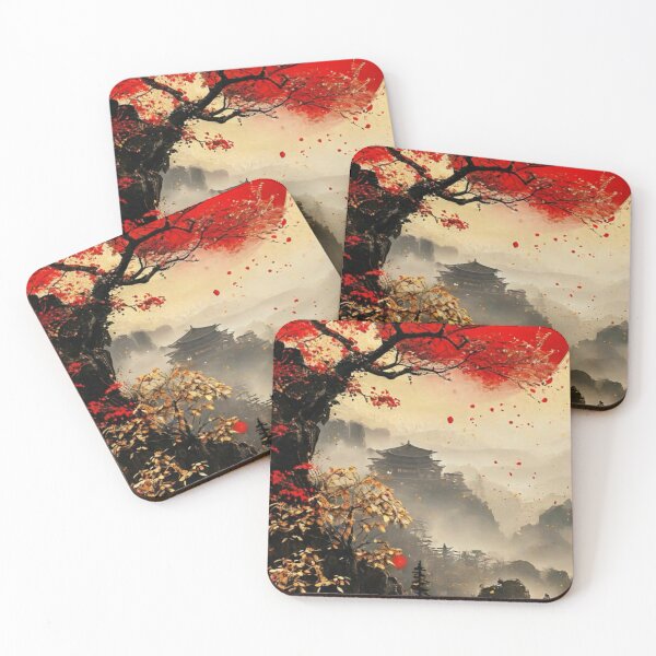 Item preview, Red Sun Japanese Temple Landscape — Traditional Autumn Cherry Blossom Art designed and sold by LYAN-STORE.