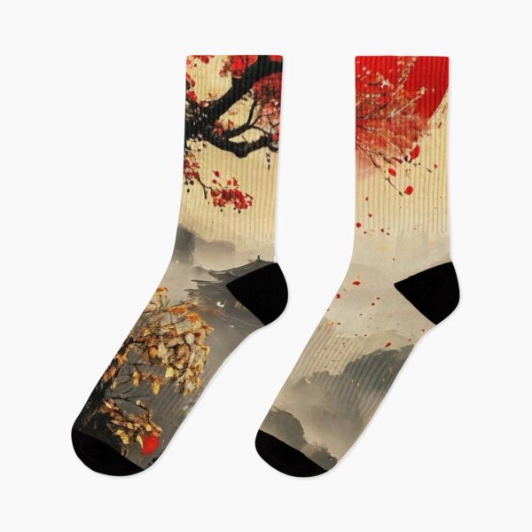 Item preview, Red Sun Japanese Temple Landscape — Traditional Autumn Cherry Blossom Art designed and sold by LYAN-STORE.