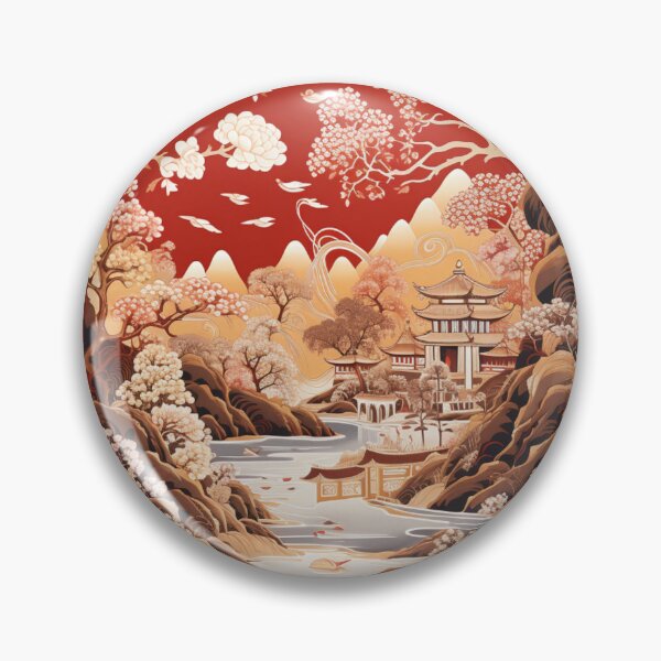 Item preview, Chinoiserie Chinese Landscape Garden Pagoda River Red designed and sold by GrinGalore.