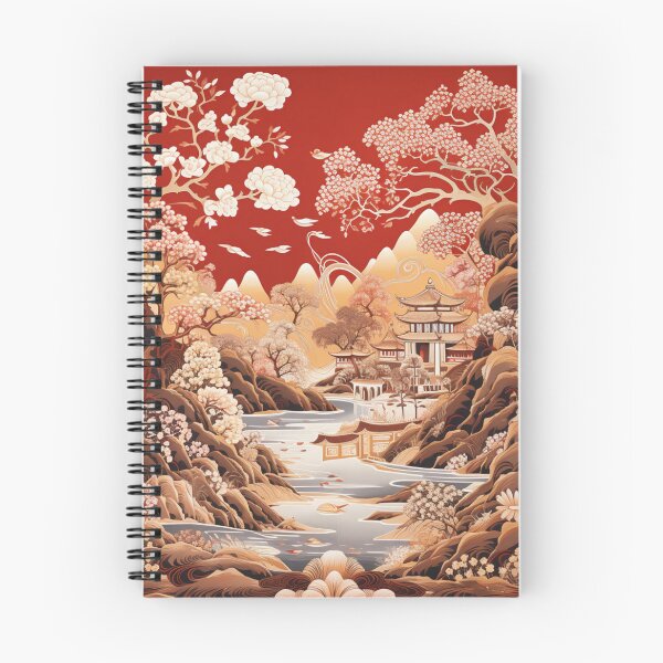 Item preview, Chinoiserie Chinese Landscape Garden Pagoda River Red designed and sold by GrinGalore.
