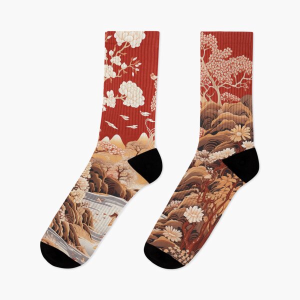 Item preview, Chinoiserie Chinese Landscape Garden Pagoda River Red designed and sold by GrinGalore.