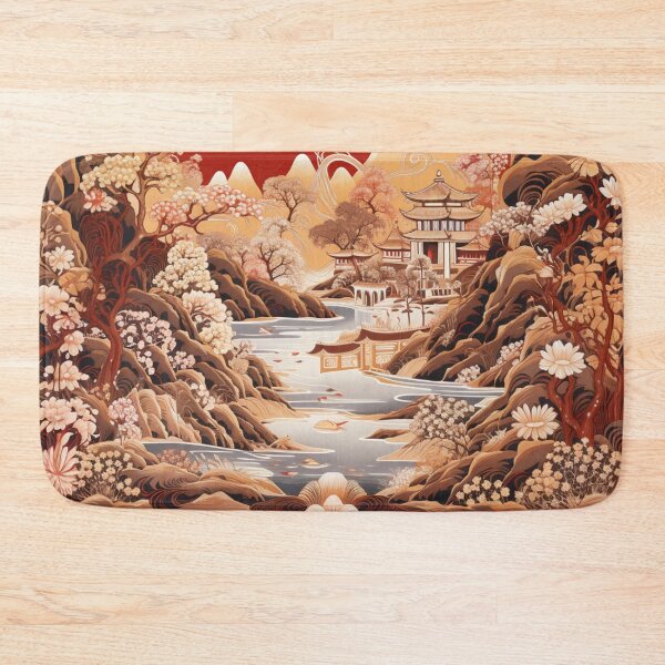 Item preview, Chinoiserie Chinese Landscape Garden Pagoda River Red designed and sold by GrinGalore.