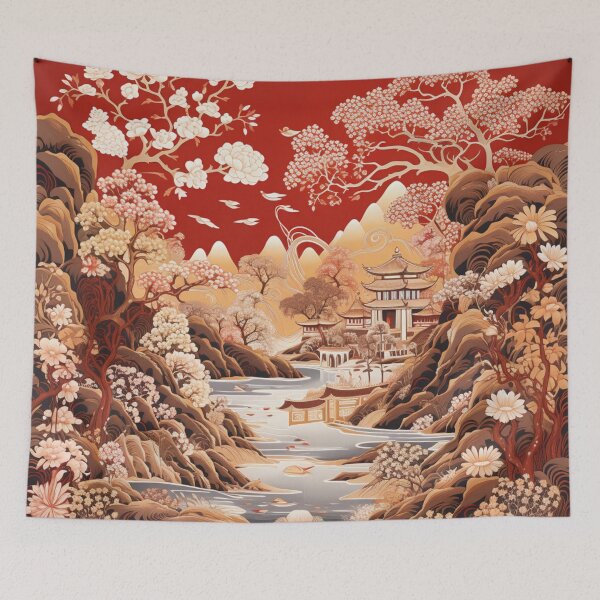 Item preview, Chinoiserie Chinese Landscape Garden Pagoda River Red designed and sold by GrinGalore.