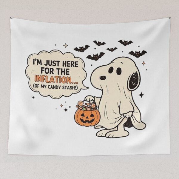 Item preview, Funny Snoopy "Inflation" Halloween Ghost T-Shirt Design – Retro Cartoon Character with Candy Bucket designed and sold by CreativeNest Prints.