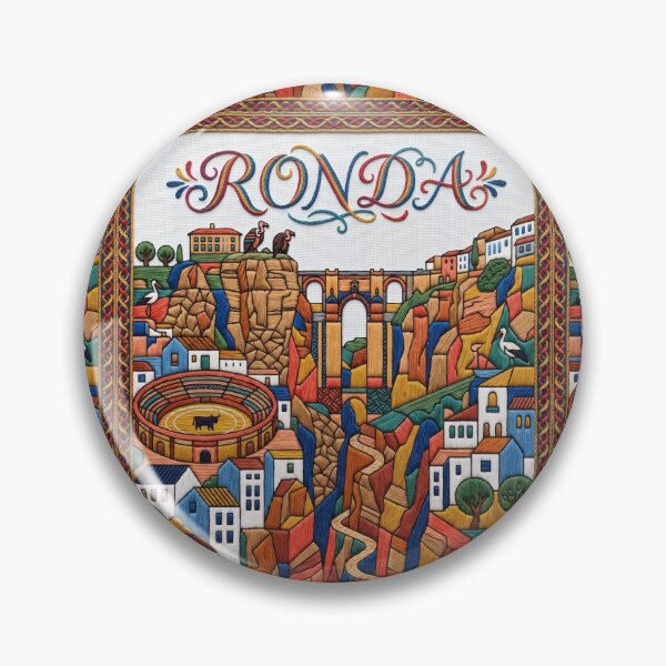 Item preview, Ronda Spain Embroidered Travel Art - Puente Nuevo & El Tajo Gorge Stitched Poster designed and sold by Witsprings.