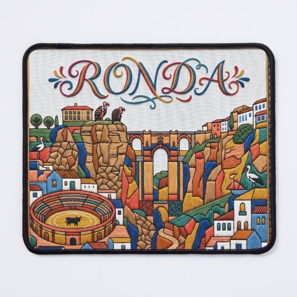 Item preview, Ronda Spain Embroidered Travel Art - Puente Nuevo & El Tajo Gorge Stitched Poster designed and sold by Witsprings.