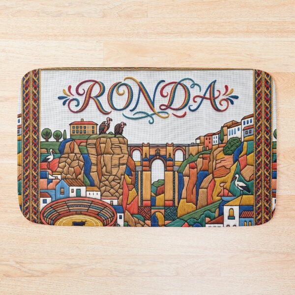 Item preview, Ronda Spain Embroidered Travel Art - Puente Nuevo & El Tajo Gorge Stitched Poster designed and sold by Witsprings.