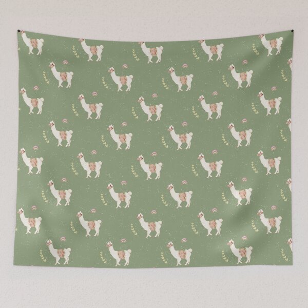 Item preview, Watercolor Boho Llama Fabric Speckled Sage Green Rainbow designed and sold by svitlaarty.