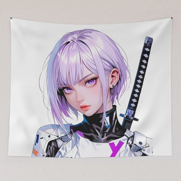 Item preview, Cyberpunk Samurai Girl Purple Hair Futuristic Warrior Anime Aesthetic designed and sold by Dyan4.