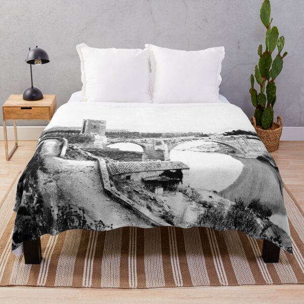 Item preview, Puente de Alcántara Roman arch bridge in Toledo, Spain vintage black and white photograph designed and sold by Astrid Arkhangelsky.