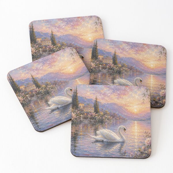 Item preview, Impressionist Swan Lake Painting Sunset Roses designed and sold by Jozefin's Studio.