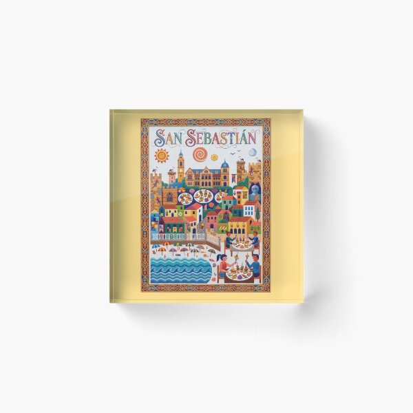 Item preview, San Sebastian Spain Embroidered Travel Art - La Concha & Pintxos Stitched Poster designed and sold by Witsprings.