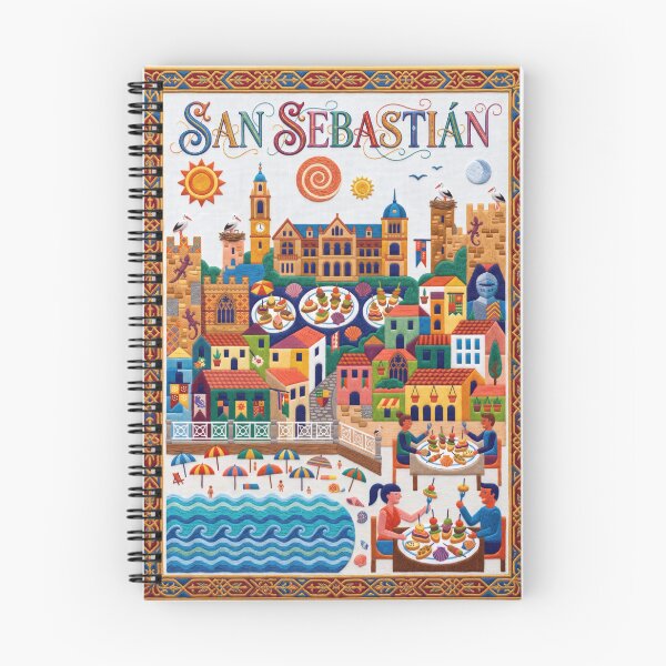 Item preview, San Sebastian Spain Embroidered Travel Art - La Concha & Pintxos Stitched Poster designed and sold by Witsprings.