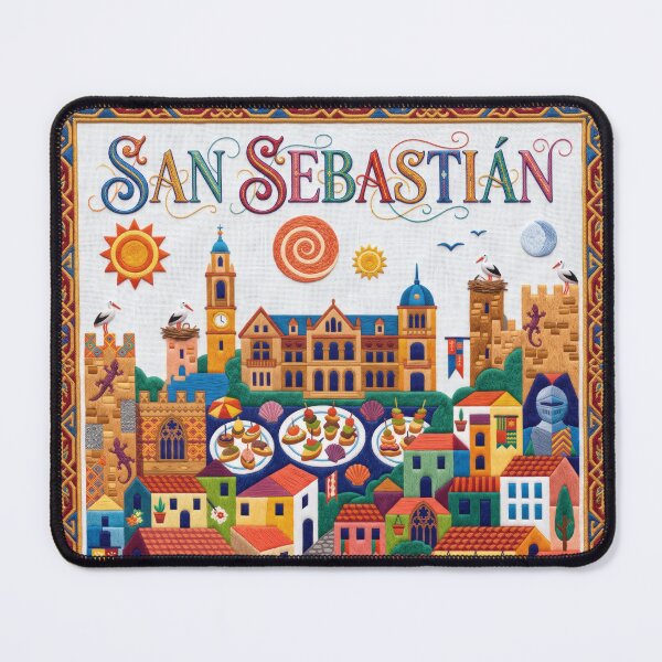 Item preview, San Sebastian Spain Embroidered Travel Art - La Concha & Pintxos Stitched Poster designed and sold by Witsprings.