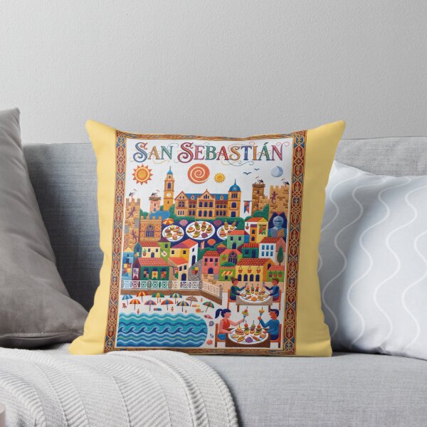 Item preview, San Sebastian Spain Embroidered Travel Art - La Concha & Pintxos Stitched Poster designed and sold by Witsprings.