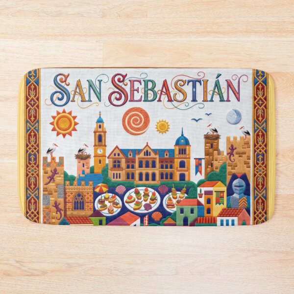 Item preview, San Sebastian Spain Embroidered Travel Art - La Concha & Pintxos Stitched Poster designed and sold by Witsprings.