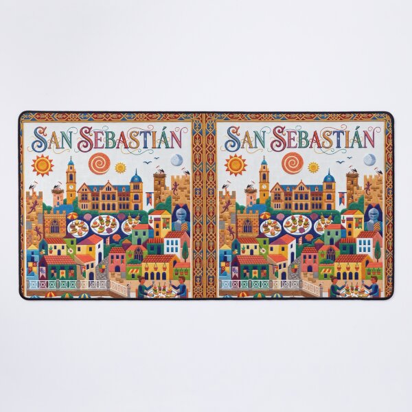 Item preview, San Sebastian Spain Embroidered Travel Art - La Concha & Pintxos Stitched Poster designed and sold by Witsprings.