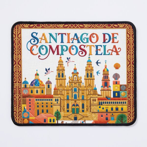 Item preview, Santiago de Compostela Spain Embroidered Travel Art - Cathedral & Camino Pilgrims Stitched Poster designed and sold by Witsprings.