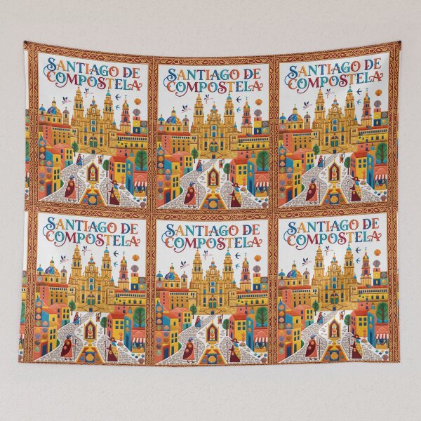 Item preview, Santiago de Compostela Spain Embroidered Travel Art - Cathedral & Camino Pilgrims Stitched Poster designed and sold by Witsprings.