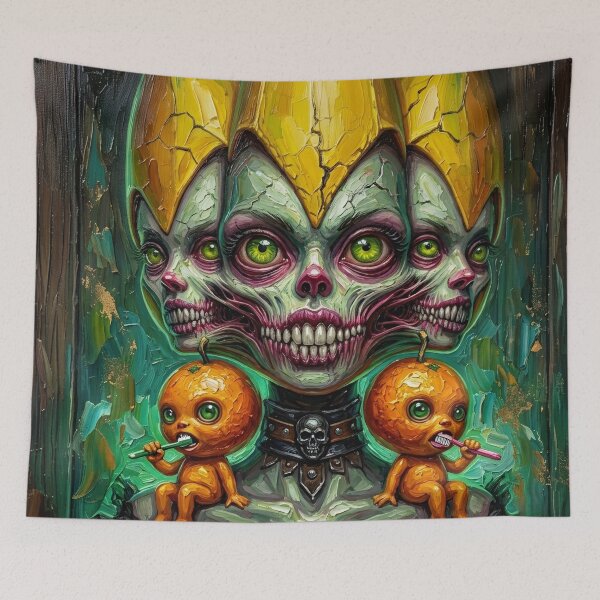 Item preview, Surreal Three Headed Banana Zombie Orange Babies Impasto Art designed and sold by LujziWorld.