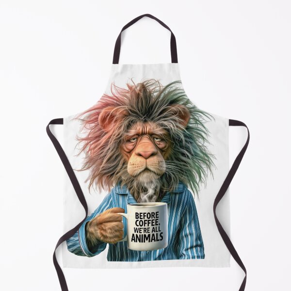Aperçu de l'œuvre Avant le café, nous sommes tous des animaux – Lion grincheux et drôle créée et vendue par AI-lineDesign.