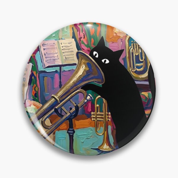Item preview, Curious Black Cat Head in Trombone Horn Matisse Style Art designed and sold by DuckOddity.
