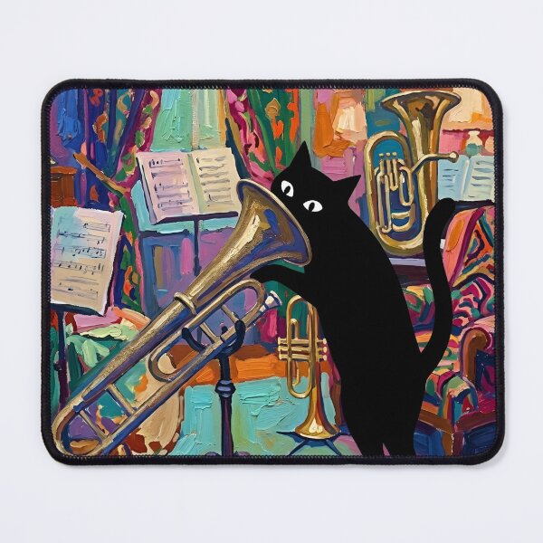 Item preview, Curious Black Cat Head in Trombone Horn Matisse Style Art designed and sold by DuckOddity.
