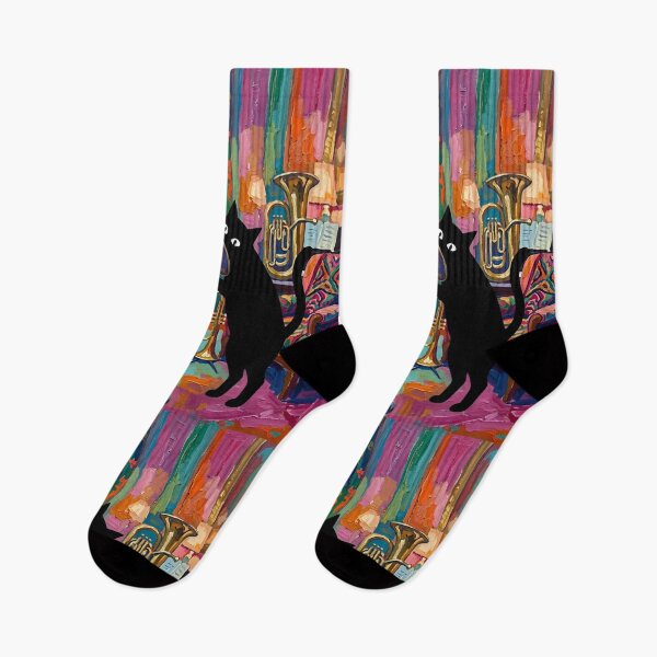 Item preview, Curious Black Cat Head in Trombone Horn Matisse Style Art designed and sold by DuckOddity.