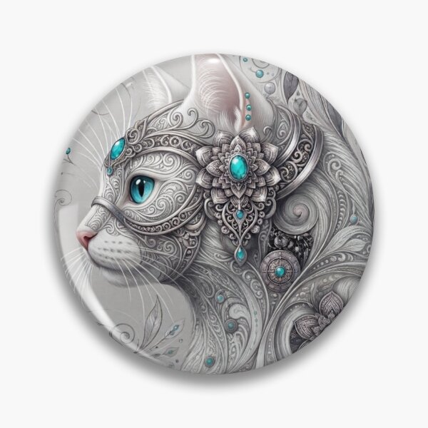 Item preview, Mystic White Mandala Cat Silver Filigree Turquoise Art designed and sold by Mindworx21.