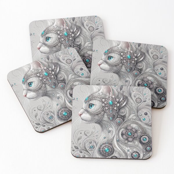 Item preview, Mystic White Mandala Cat Silver Filigree Turquoise Art designed and sold by Mindworx21.