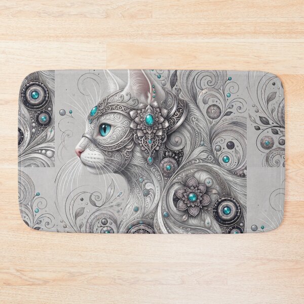 Item preview, Mystic White Mandala Cat Silver Filigree Turquoise Art designed and sold by Mindworx21.