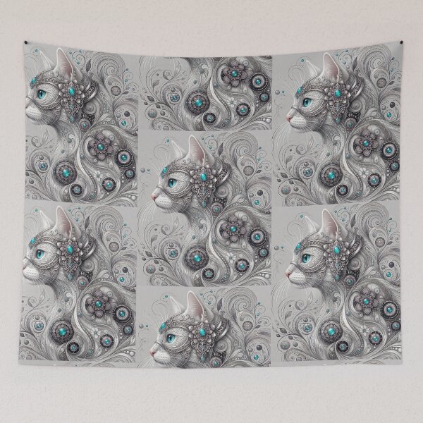 Item preview, Mystic White Mandala Cat Silver Filigree Turquoise Art designed and sold by Mindworx21.