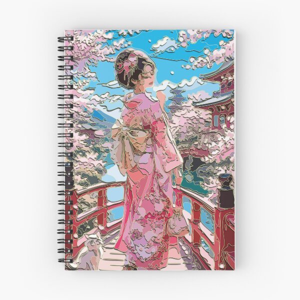Item preview, Woman in pink kimono, cherry blossoms, Japanese bridge, spring designed and sold by Keltoi-art.