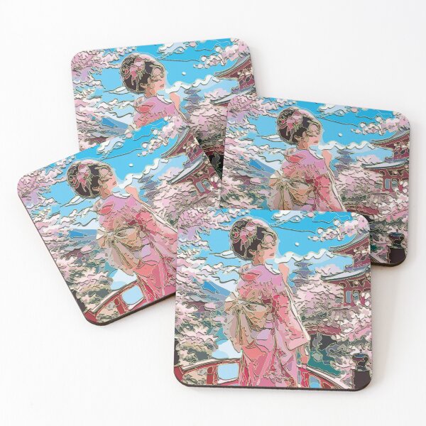 Item preview, Woman in pink kimono, cherry blossoms, Japanese bridge, spring designed and sold by Keltoi-art.