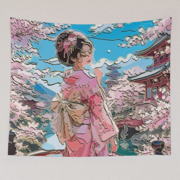 Item preview, Woman in pink kimono, cherry blossoms, Japanese bridge, spring designed and sold by Keltoi-art.