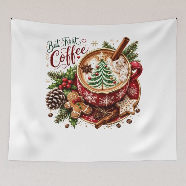 Item preview, But First Coffee Cozy Festive Christmas Latte Art designed and sold by DYAFLK.