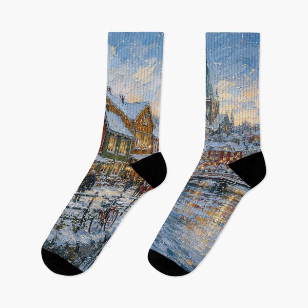 Item preview, Winter in Bakklandet, Trondheim painting, Norway – A Beautiful city in Scandinavia. designed and sold by GalleryKauffeld.