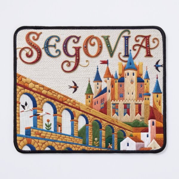 Item preview, Segovia Spain Embroidered Travel Art - Roman Aqueduct & Alcazar Castle Stitched Poster designed and sold by Witsprings.