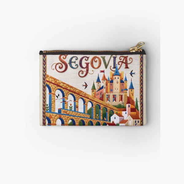 Item preview, Segovia Spain Embroidered Travel Art - Roman Aqueduct & Alcazar Castle Stitched Poster designed and sold by Witsprings.