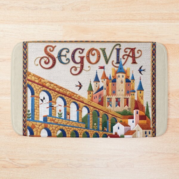 Item preview, Segovia Spain Embroidered Travel Art - Roman Aqueduct & Alcazar Castle Stitched Poster designed and sold by Witsprings.