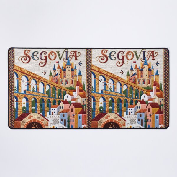 Item preview, Segovia Spain Embroidered Travel Art - Roman Aqueduct & Alcazar Castle Stitched Poster designed and sold by Witsprings.